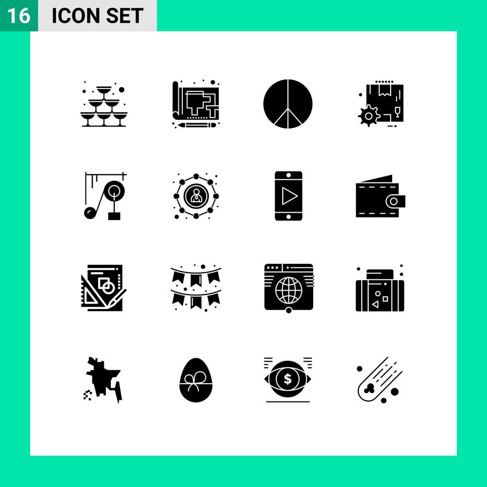 Pack of 16 creative Solid Glyphs of machine settings print gear box Editable Vector Design Elements