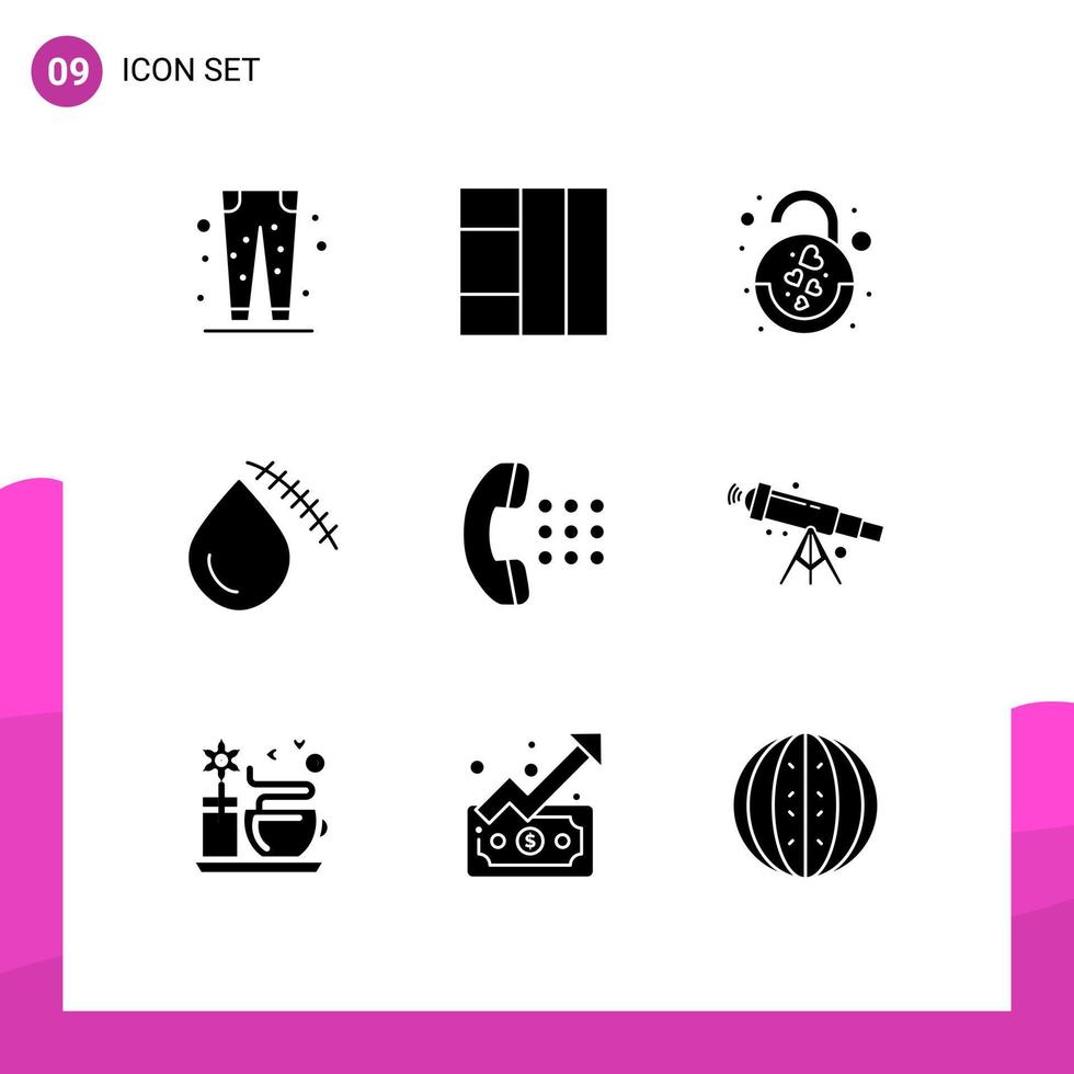 Stock Vector Icon Pack of 9 Line Signs and Symbols for call wound lock injury blood Editable Vector Design Elements