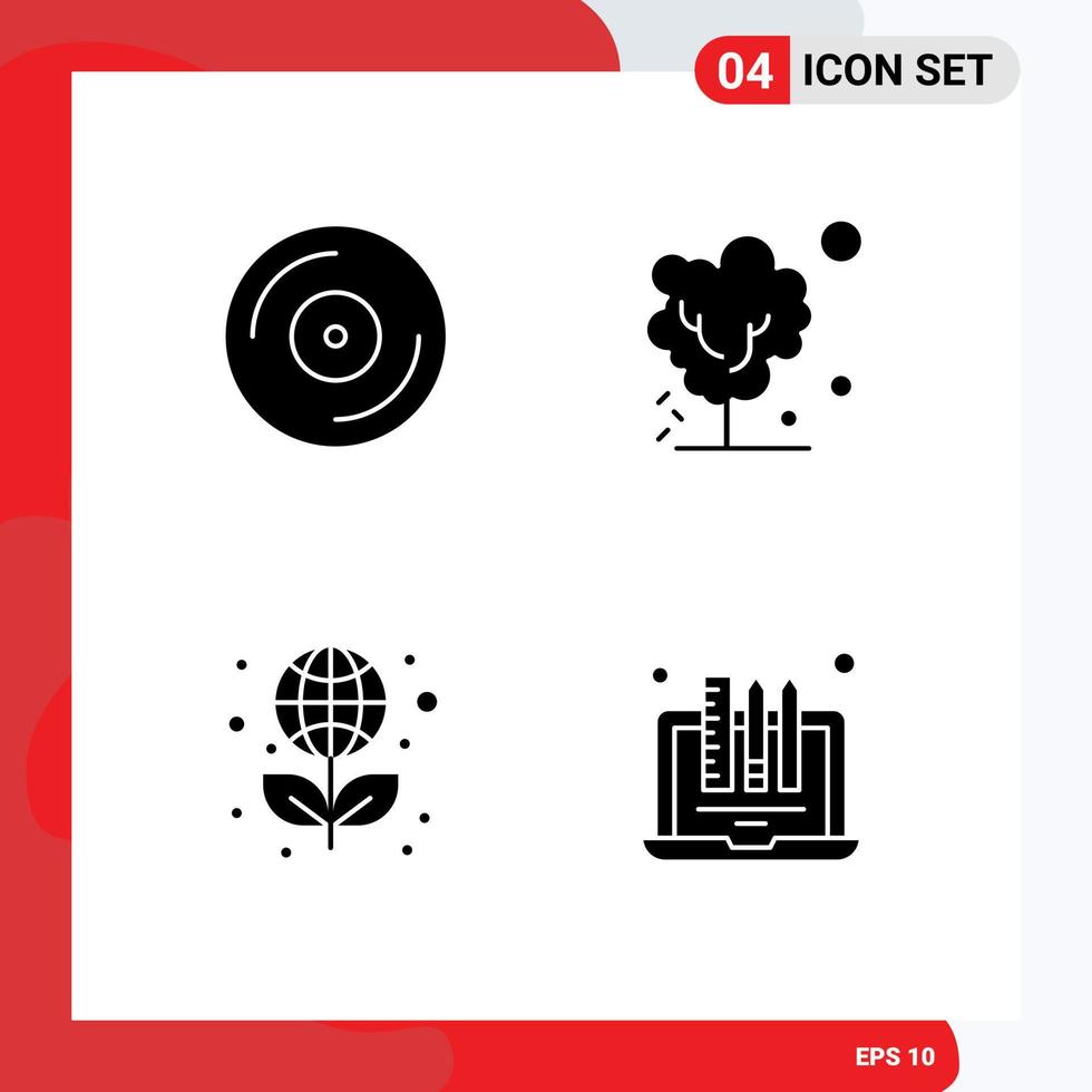 Modern Set of 4 Solid Glyphs and symbols such as cd globe dry tree science Editable Vector Design Elements