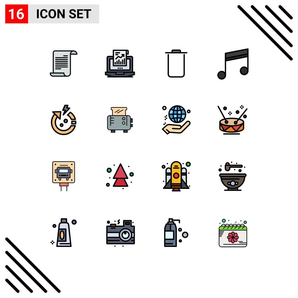 Pack of 16 Modern Flat Color Filled Lines Signs and Symbols for Web Print Media such as power song computer music album Editable Creative Vector Design Elements