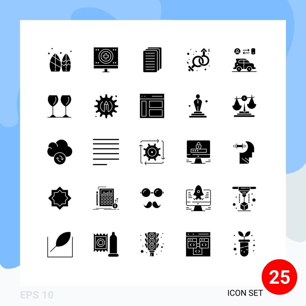 Pack of 25 Modern Solid Glyphs Signs and Symbols for Web Print Media such as car male medical gender file Editable Vector Design Elements