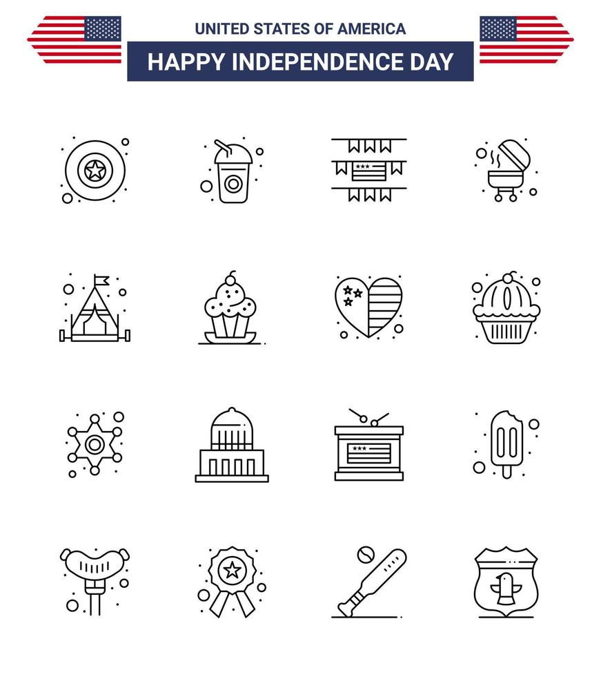 16 USA Line Pack of Independence Day Signs and Symbols of dessert tent party decoration camping grill Editable USA Day Vector Design Elements