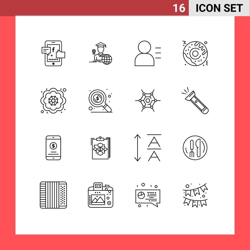 Outline Pack of 16 Universal Symbols of find flower education decorative fast food Editable Vector Design Elements