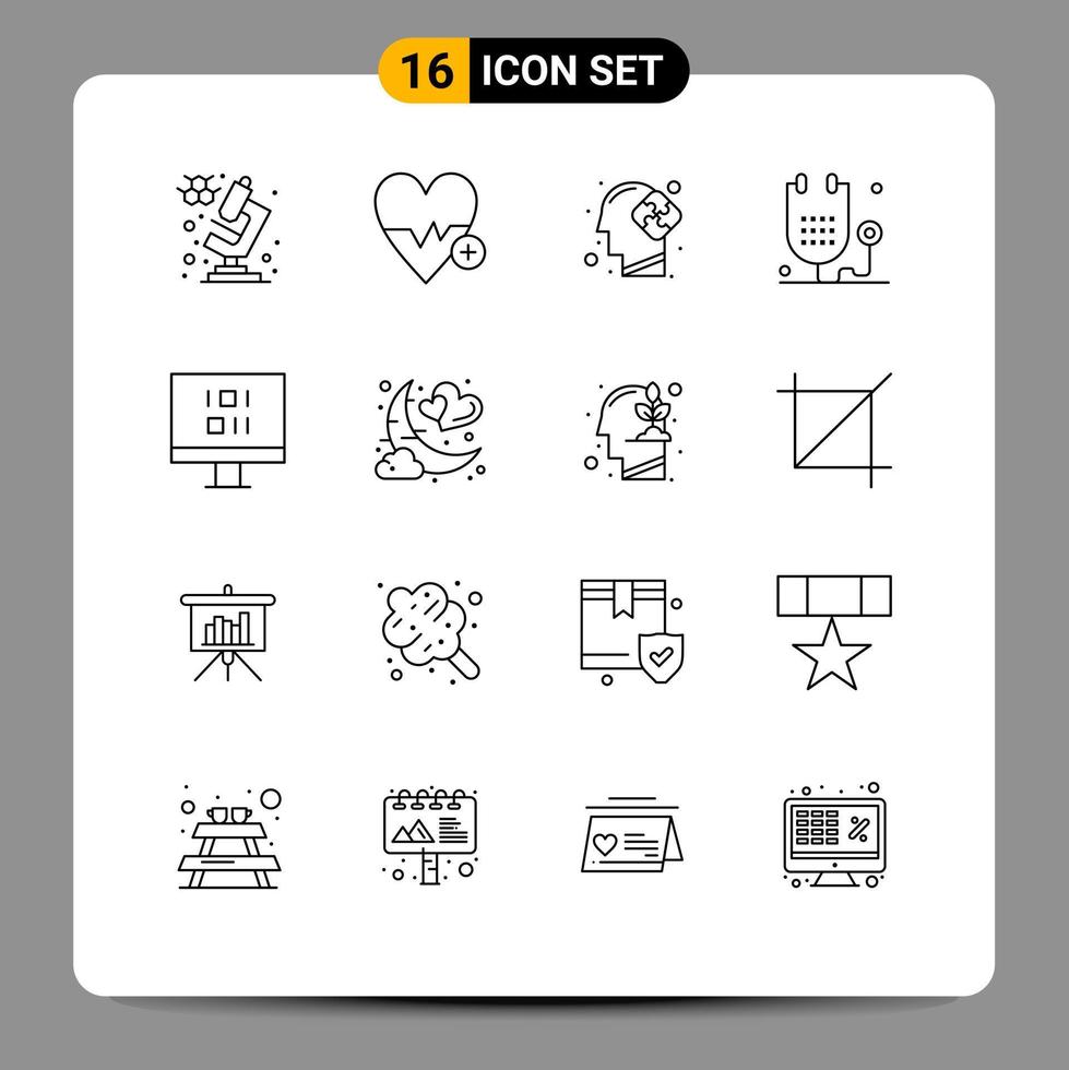 Set of 16 Vector Outlines on Grid for data medicine mind health fitness Editable Vector Design Elements