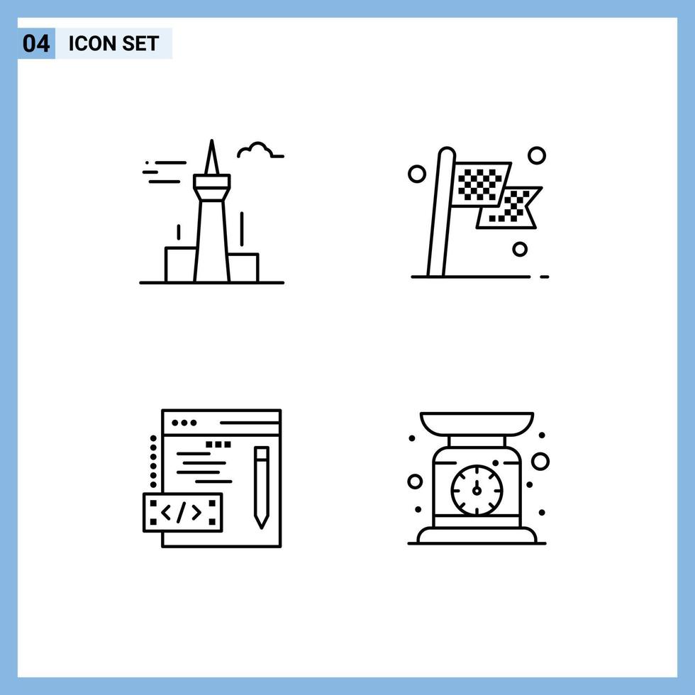 Group of 4 Modern Filledline Flat Colors Set for architecture and city flag tower checkered programming Editable Vector Design Elements