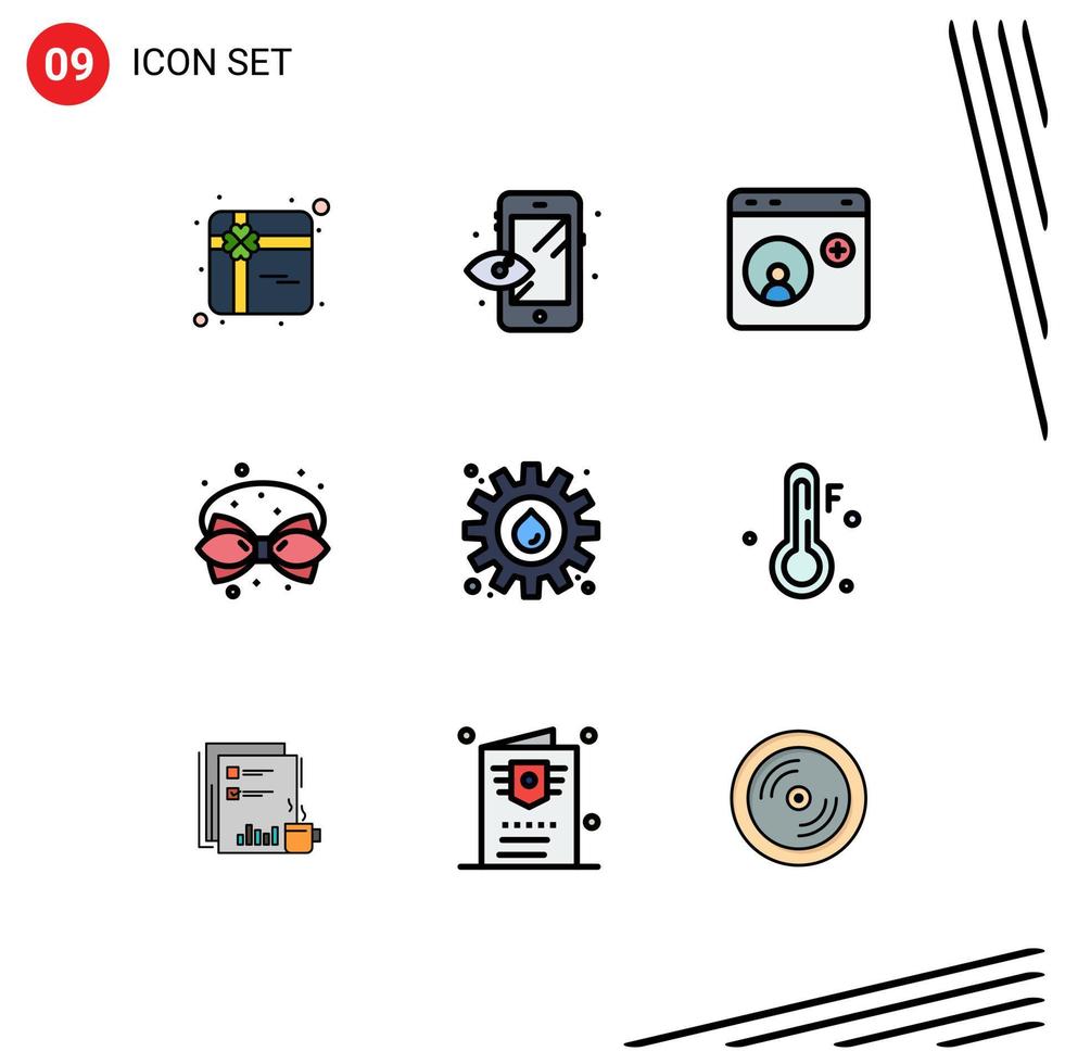 Pack of 9 creative Filledline Flat Colors of gear ribbon help decoration bow Editable Vector Design Elements
