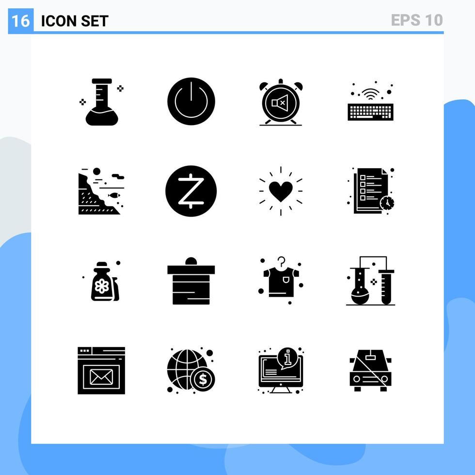 Set of 16 Commercial Solid Glyphs pack for water wireless alarm keyboard sound Editable Vector Design Elements