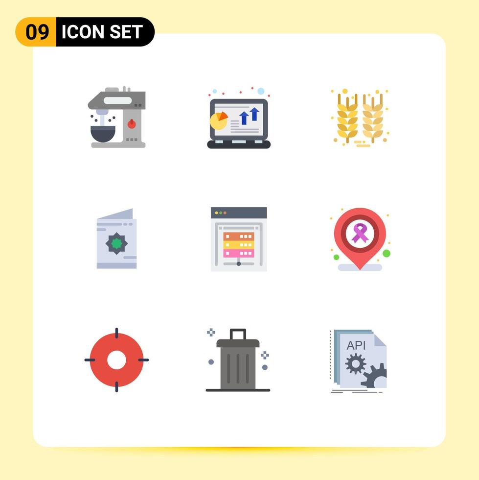 Pictogram Set of 9 Simple Flat Colors of roza ramadan profit invitation wheat Editable Vector Design Elements