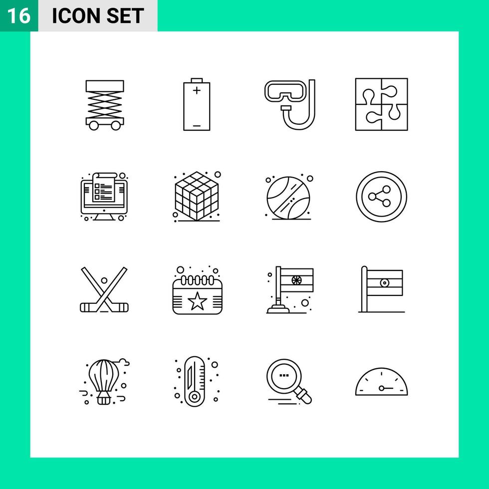 Universal Icon Symbols Group of 16 Modern Outlines of computer solution beach puzzle part Editable Vector Design Elements