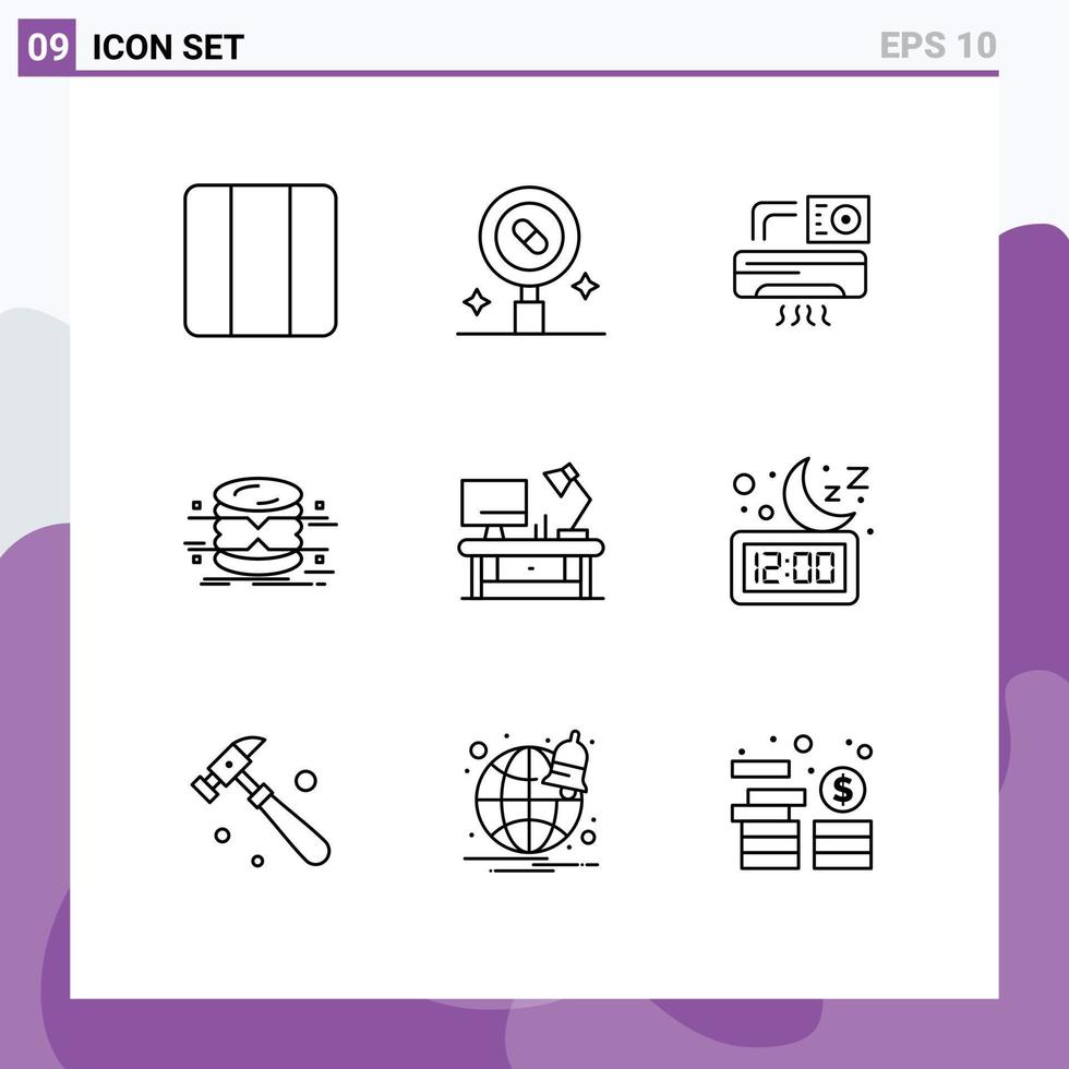 Group of 9 Outlines Signs and Symbols for monitoring architecture pills data room Editable Vector Design Elements