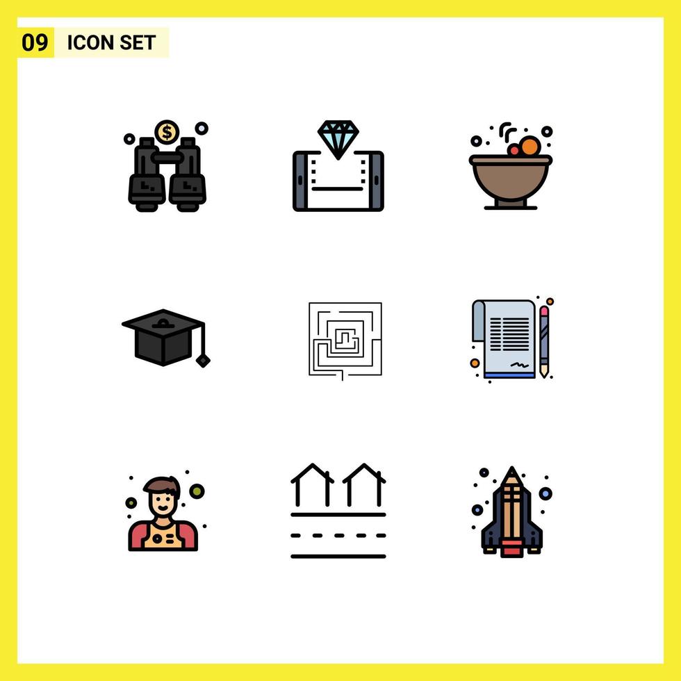 Editable Vector Line Pack of 9 Simple Filledline Flat Colors of marketing business smartphone graduation cap Editable Vector Design Elements