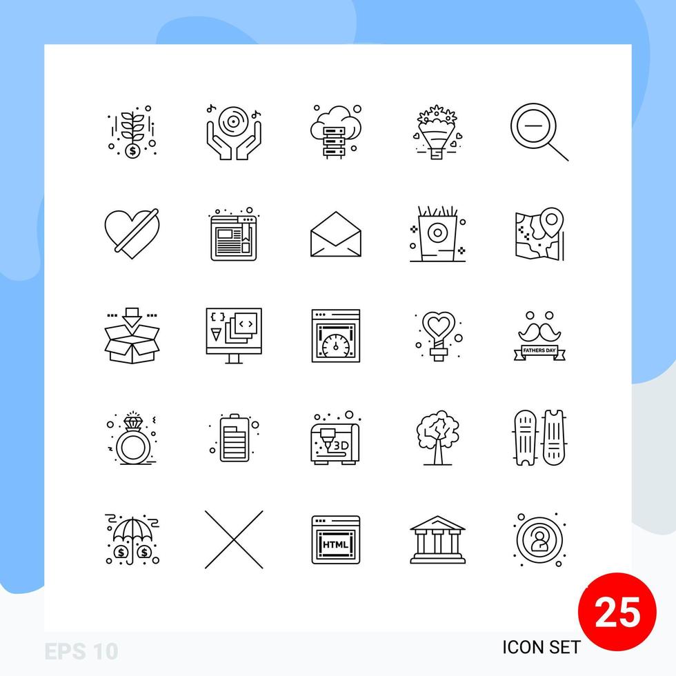 User Interface Pack of 25 Basic Lines of out heart party love technology Editable Vector Design Elements