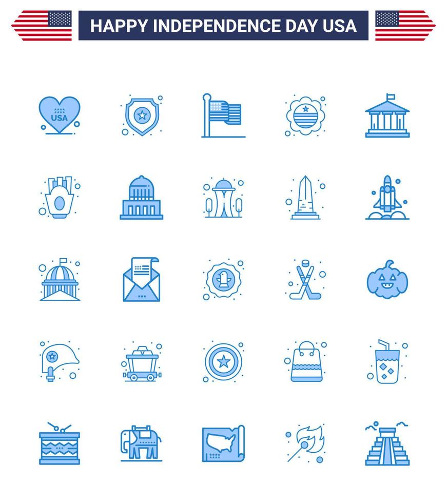 paquete de 25 signos de blues de celebración del día de la independencia de EE. UU. Y símbolos del 4 de julio, como la insignia de la bandera, la bandera internacional estadounidense, el país, los elementos de diseño vectorial editables del día de EE. UU. vector
