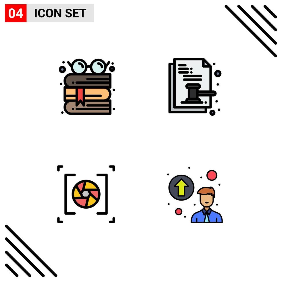4 Universal Filledline Flat Color Signs Symbols of book camera reading document lens Editable Vector Design Elements