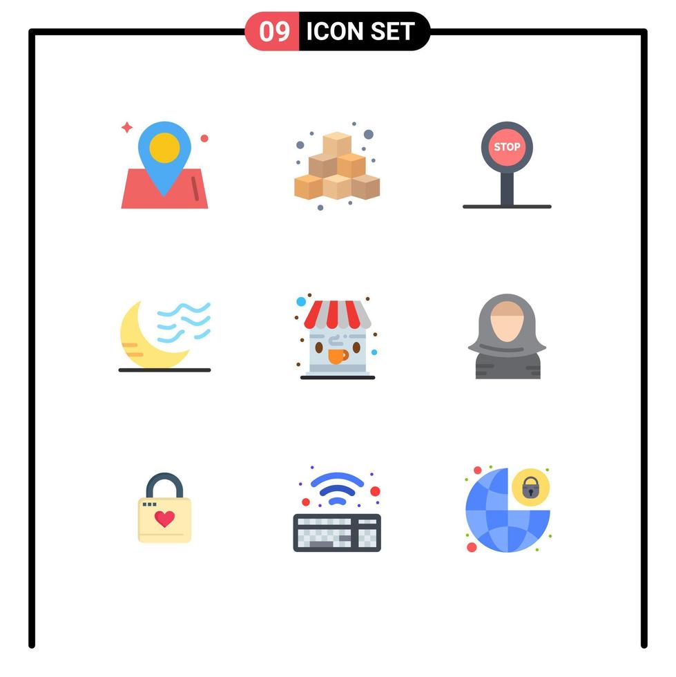 Set of 9 Modern UI Icons Symbols Signs for cafe sleep play night climate Editable Vector Design Elements