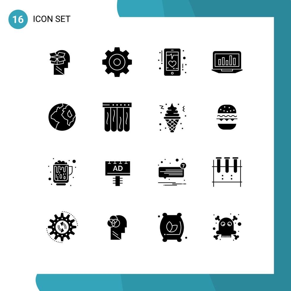 16 Thematic Vector Solid Glyphs and Editable Symbols of statistics analytics beat graph phone Editable Vector Design Elements