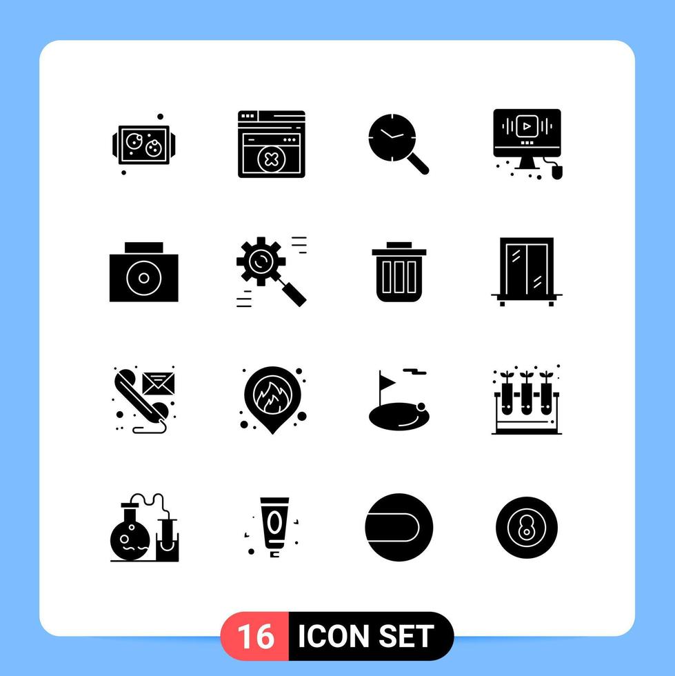 Pack of 16 Modern Solid Glyphs Signs and Symbols for Web Print Media such as suitcase internet research web youtube Editable Vector Design Elements