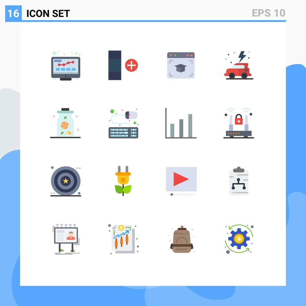 Universal Icon Symbols Group of 16 Modern Flat Colors of drink water cap car day Editable Pack of Creative Vector Design Elements