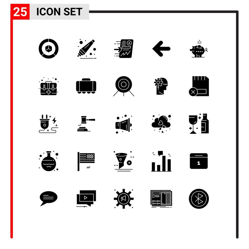 Set of 25 Vector Solid Glyphs on Grid for piggybank back file arrows chart Editable Vector Design Elements