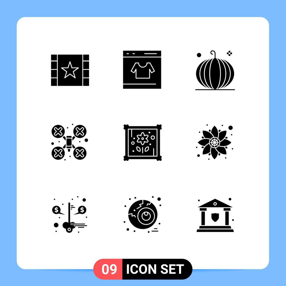Editable Vector Line Pack of 9 Simple Solid Glyphs of drone robot camera shopping cam harvest Editable Vector Design Elements