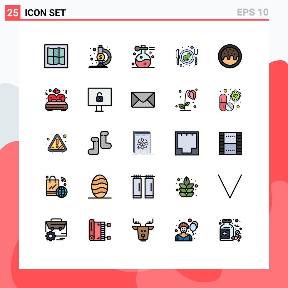 grupo de 25 colores planos de línea llena modernos establecidos para elementos de diseño vectorial editables de huevo de donut de spa de comida de amor vector
