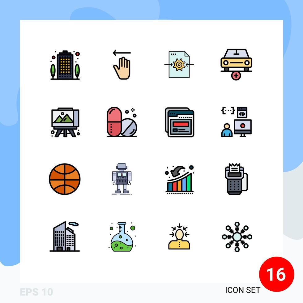 Pack of 16 Modern Flat Color Filled Lines Signs and Symbols for Web Print Media such as easel plus file more add Editable Creative Vector Design Elements