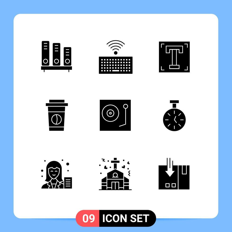 Group of 9 Modern Solid Glyphs Set for dj food designer drink text Editable Vector Design Elements