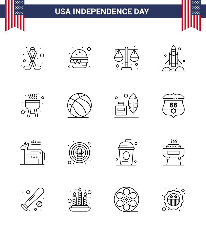 Editable Vector Line Pack of USA Day 16 Simple Lines of barbecue transport court spaceship launcher Editable USA Day Vector Design Elements