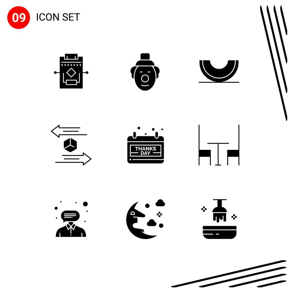 Pack of 9 Modern Solid Glyphs Signs and Symbols for Web Print Media such as calendar return food logistic box Editable Vector Design Elements