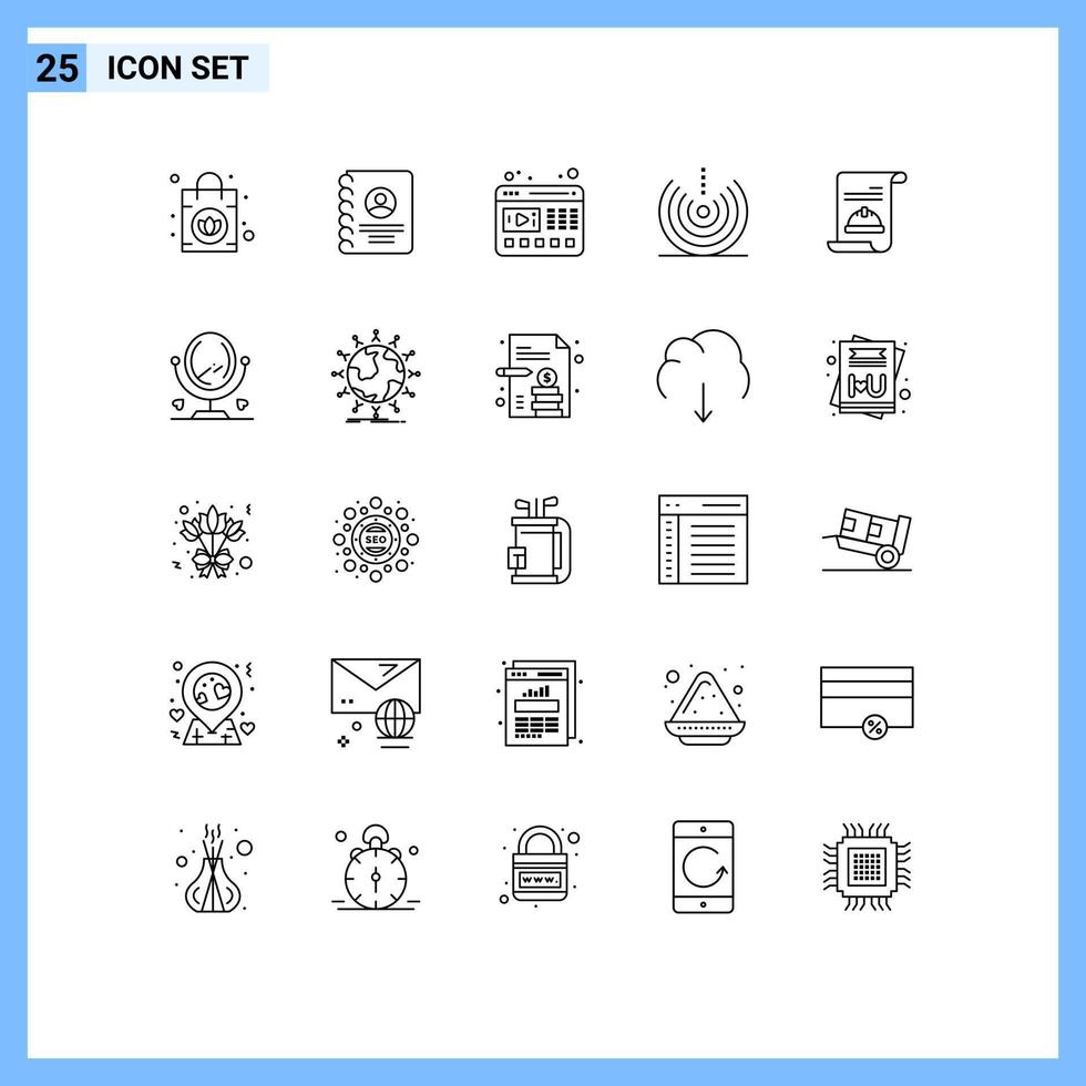 grupo de 25 líneas de signos y símbolos para dispositivos de señal de video wifi de tarjeta elementos de diseño vectorial editables vector