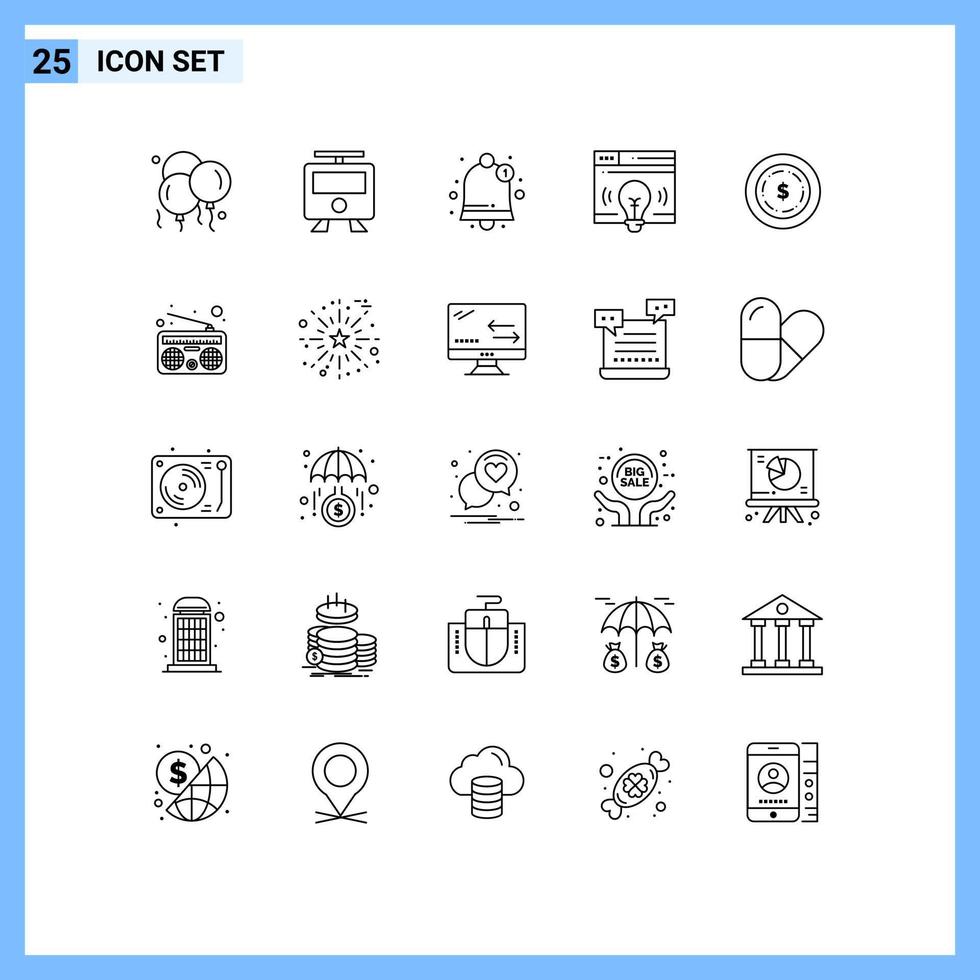25 User Interface Line Pack of modern Signs and Symbols of maony american interface bulb web Editable Vector Design Elements
