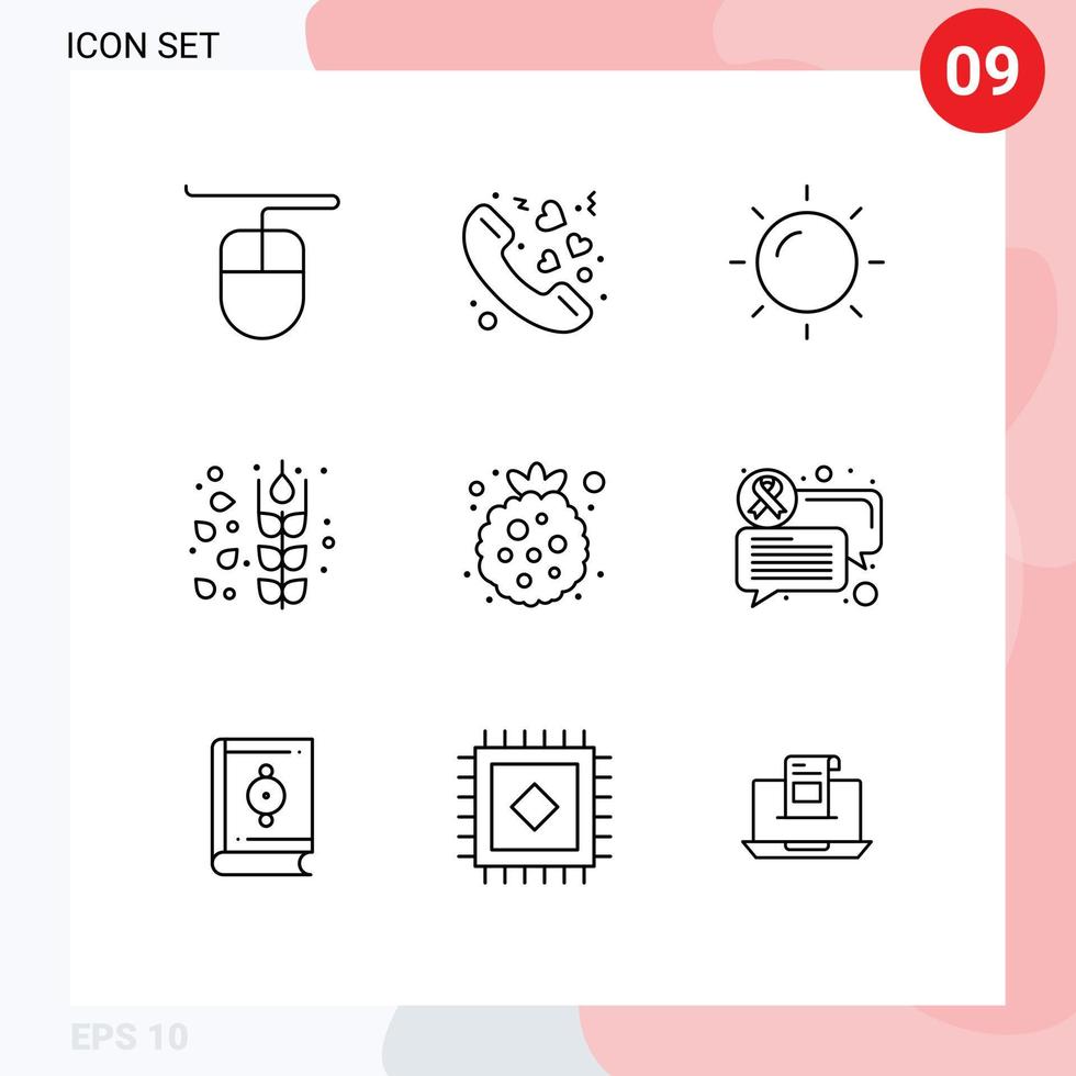 Set of 9 Vector Outlines on Grid for chat healthy sun food wheat Editable Vector Design Elements