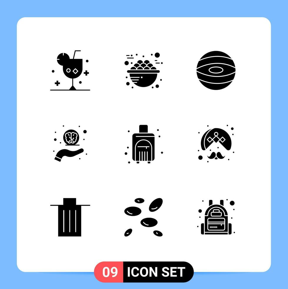 Pack of 9 Modern Solid Glyphs Signs and Symbols for Web Print Media such as bag neuro care breakfast help space Editable Vector Design Elements