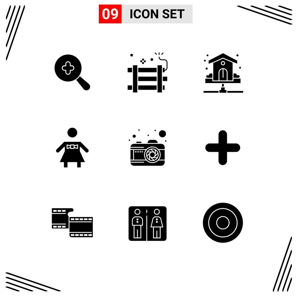 Set of 9 Commercial Solid Glyphs pack for photo woman house people water Editable Vector Design Elements