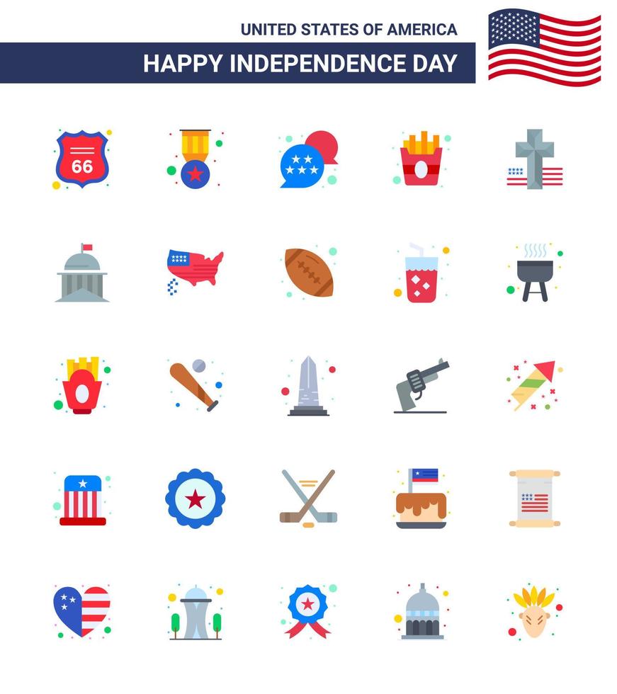 Modern Set of 25 Flats and symbols on USA Independence Day such as church american flag fries fast Editable USA Day Vector Design Elements