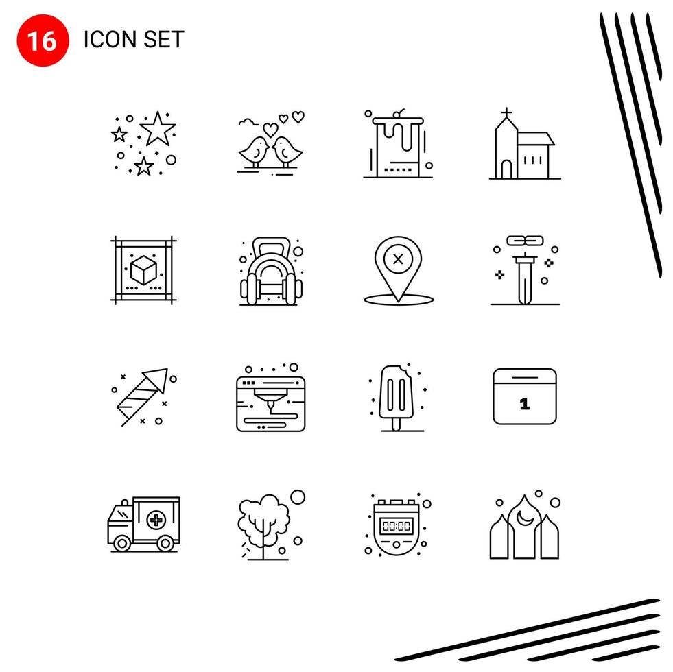 Pictogram Set of 16 Simple Outlines of cube historic cake church building Editable Vector Design Elements