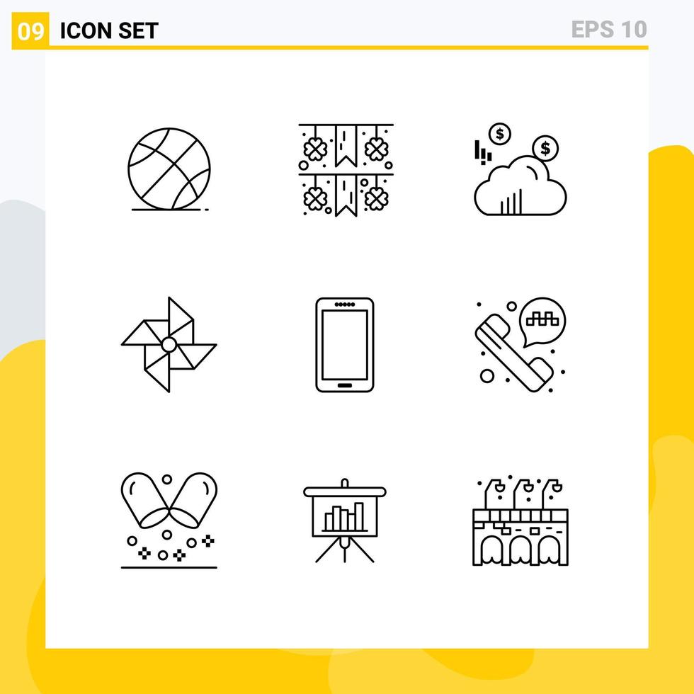 Pictogram Set of 9 Simple Outlines of samsung mobile marketing smart phone windmill Editable Vector Design Elements