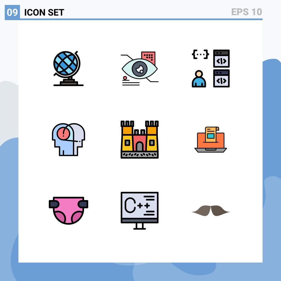 9 User Interface Filledline Flat Color Pack of modern Signs and Symbols of castle human browser hearing better Editable Vector Design Elements