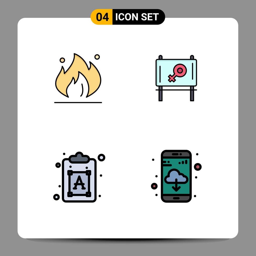 Pack of 4 Modern Filledline Flat Colors Signs and Symbols for Web Print Media such as fire font construction message app Editable Vector Design Elements