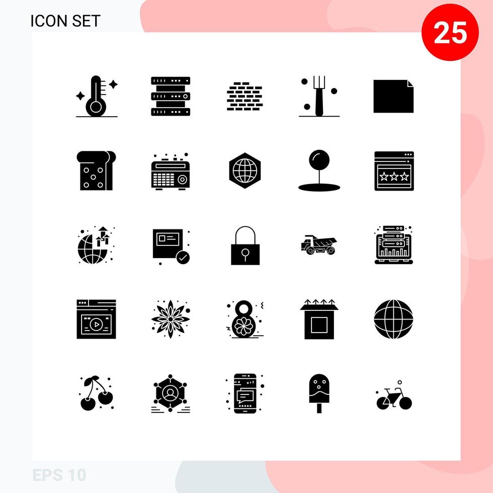 Mobile Interface Solid Glyph Set of 25 Pictograms of bread file wall document kitchen Editable Vector Design Elements