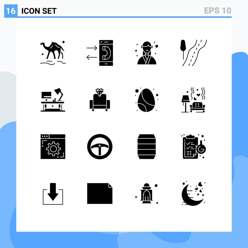 paquete de glifos sólidos de 16 símbolos universales de elementos de diseño de vectores editables del administrador del planificador de conversaciones de carreteras de viaje