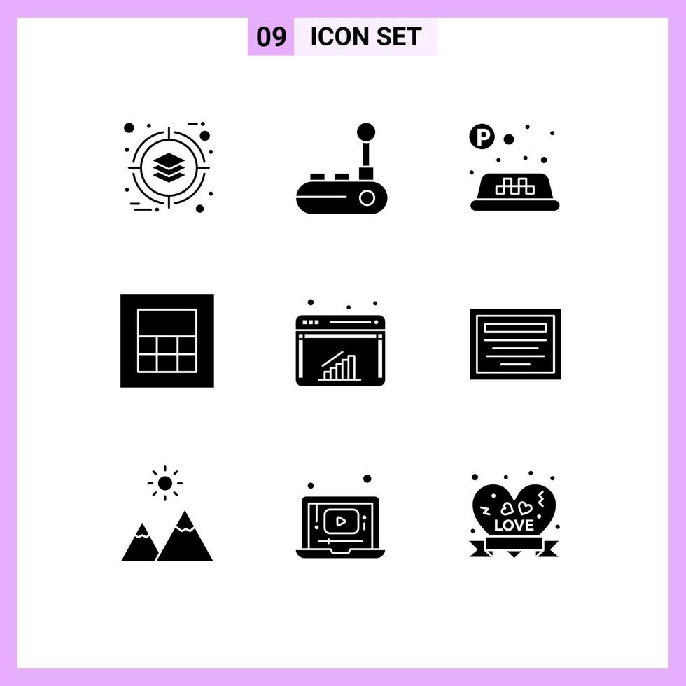 Mobile Interface Solid Glyph Set of 9 Pictograms of education internet sign graph wireframe Editable Vector Design Elements