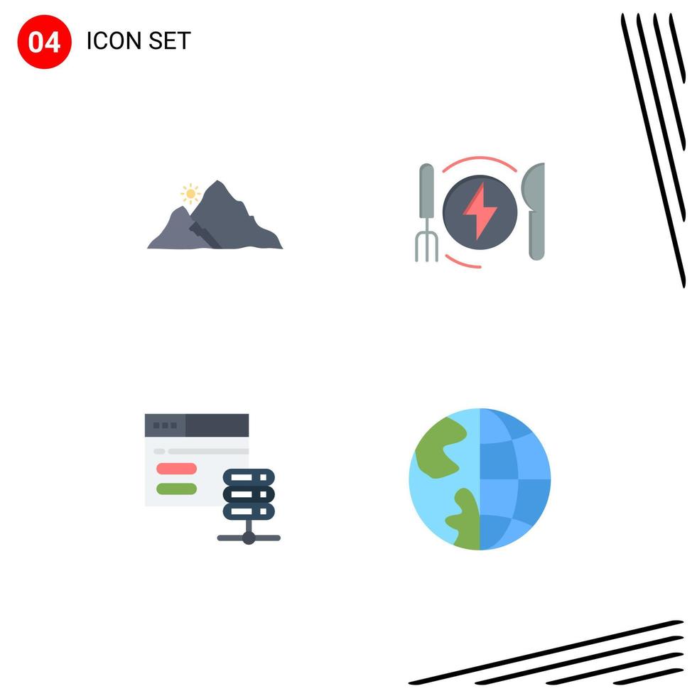 Pack of 4 creative Flat Icons of mountain database nature energy server Editable Vector Design Elements