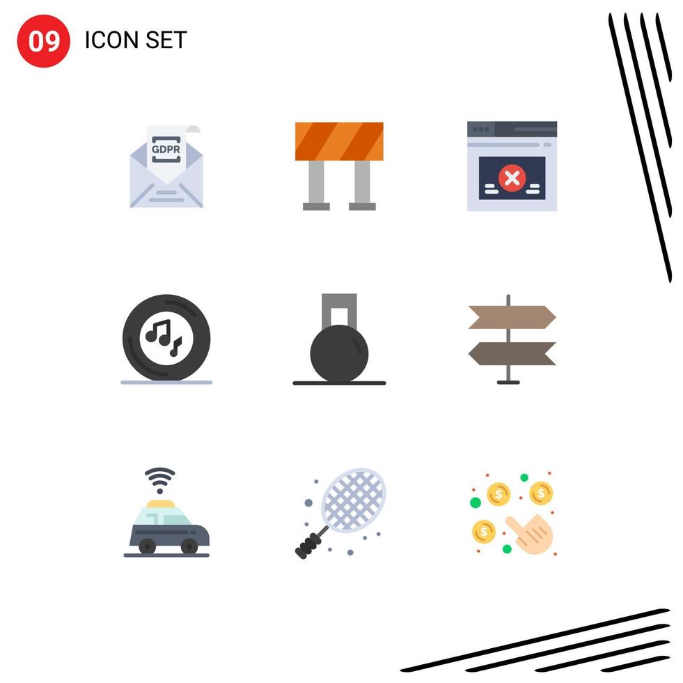 Editable Vector Line Pack of 9 Simple Flat Colors of gym song secure player musical Editable Vector Design Elements