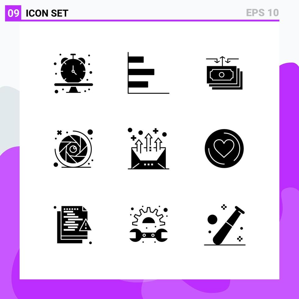 Group of 9 Solid Glyphs Signs and Symbols for address camera shutter dollar camera lens report Editable Vector Design Elements