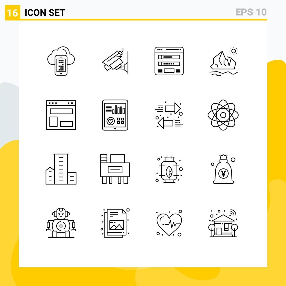 Mobile Interface Outline Set of 16 Pictograms of melting ice flowchart environment web Editable Vector Design Elements