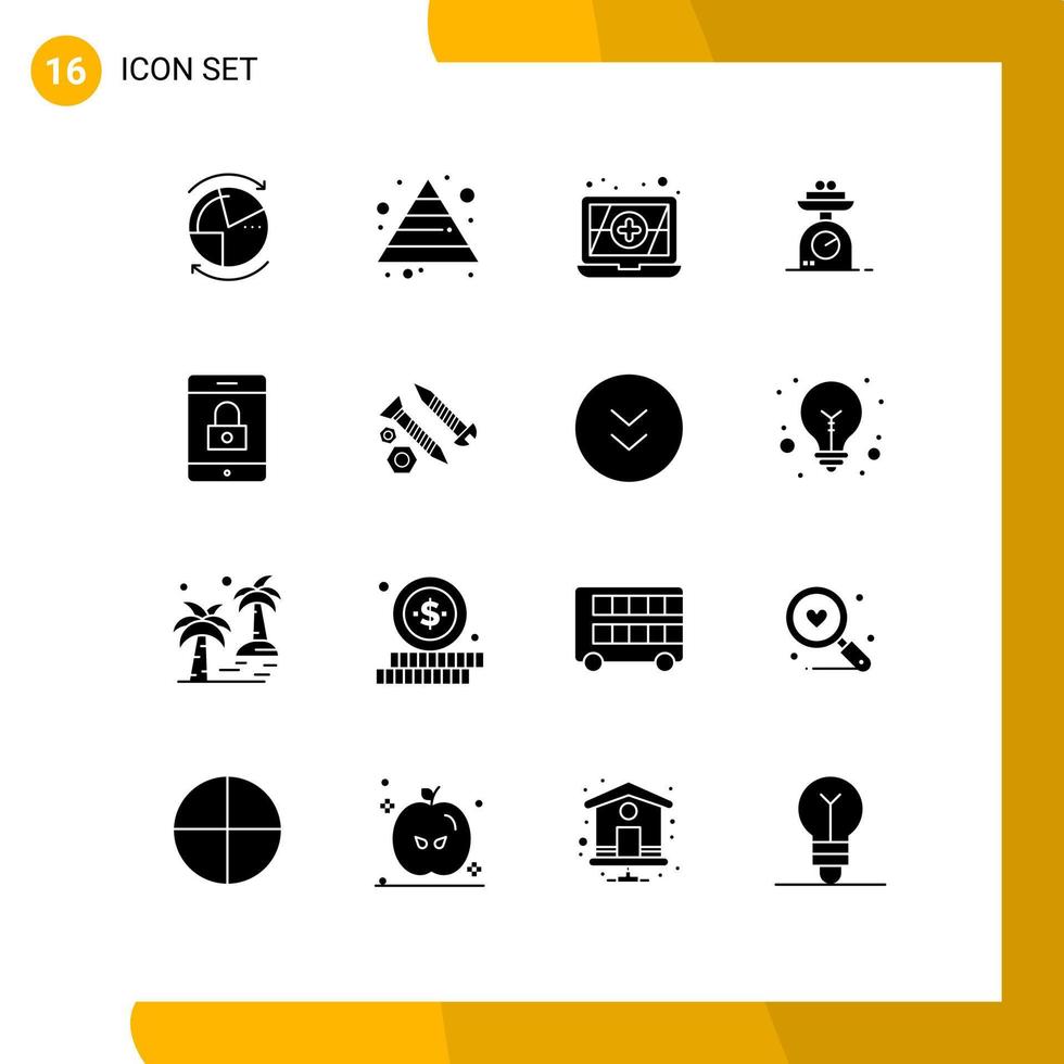 Pictogram Set of 16 Simple Solid Glyphs of building mobile antivirus lock weight Editable Vector Design Elements