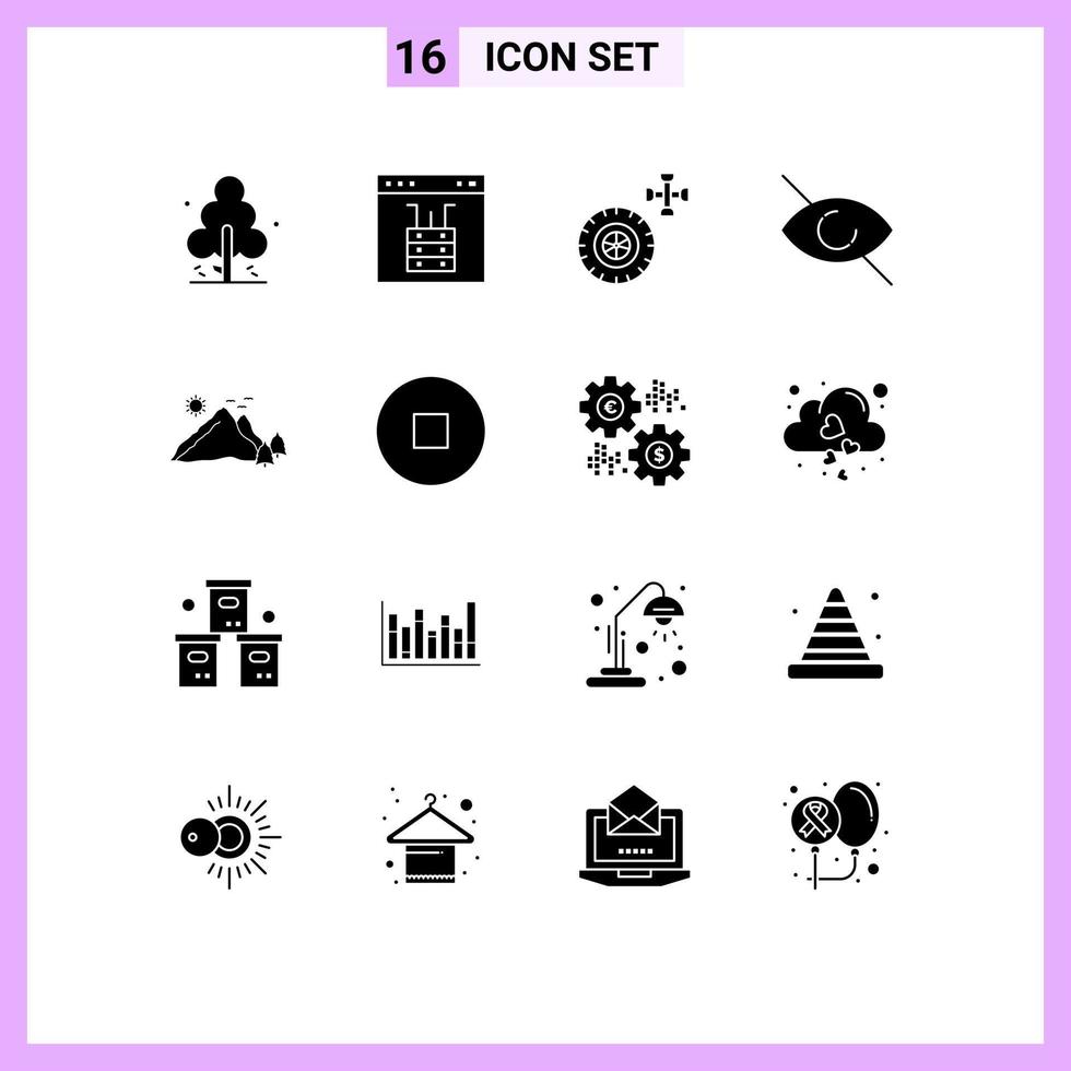 conjunto moderno de 16 glifos y símbolos sólidos, como elementos de diseño de vectores editables de ojo de vista de servidor de montaña de colina