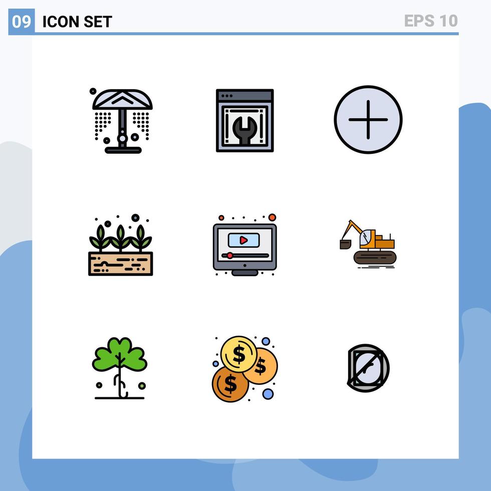Set of 9 Modern UI Icons Symbols Signs for construction youtube circle screen computer Editable Vector Design Elements