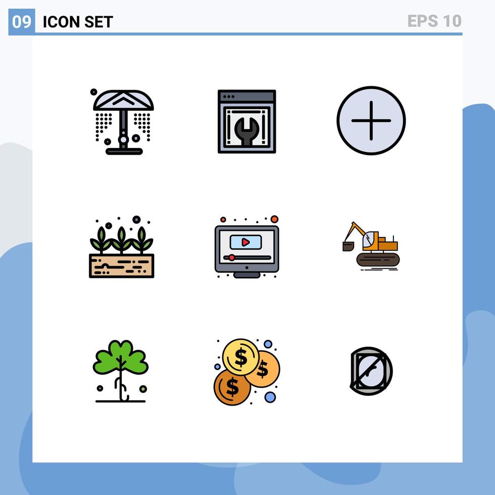 conjunto de 9 iconos de interfaz de usuario modernos símbolos signos para construcción elementos de diseño vectorial editables de computadora de pantalla circular de youtube vector